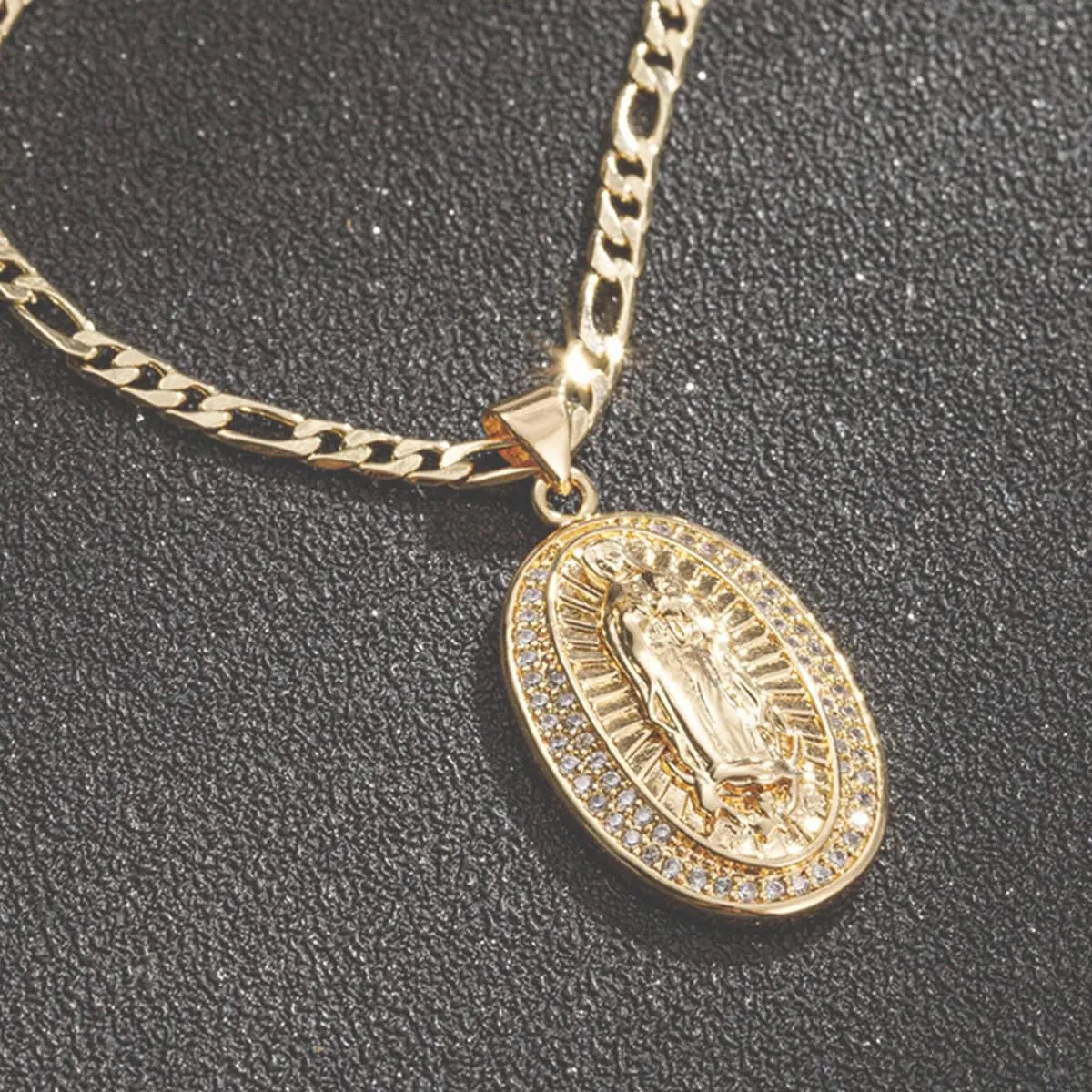 14K Gold Plated Guadalupe Virgin Mary Pendant Necklace for Women Men Two-layer White Color Zircon Inlay Oval Virgin Mary 3mm Flat Figaro Chain Necklace 18/22 inches