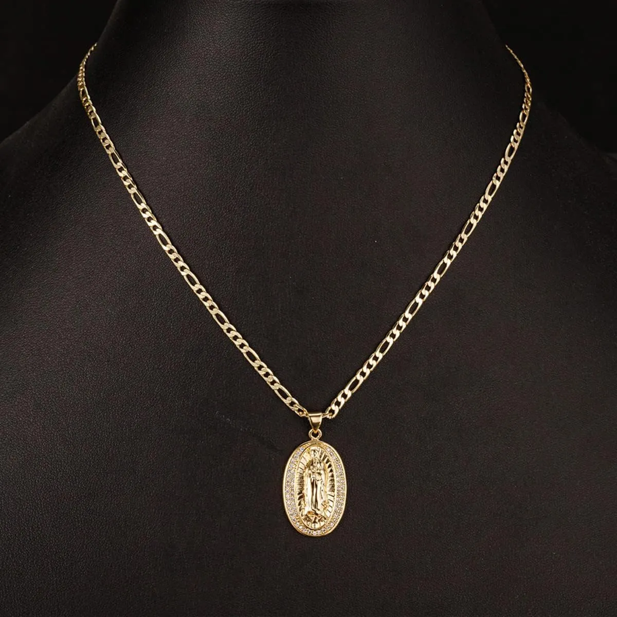 14K Gold Plated Guadalupe Virgin Mary Pendant Necklace for Women Men Two-layer White Color Zircon Inlay Oval Virgin Mary 3mm Flat Figaro Chain Necklace 18/22 inches