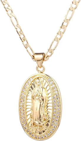 14K Gold Plated Guadalupe Virgin Mary Pendant Necklace for Women Men Two-layer White Color Zircon Inlay Oval Virgin Mary 3mm Flat Figaro Chain Necklace 18/22 inches