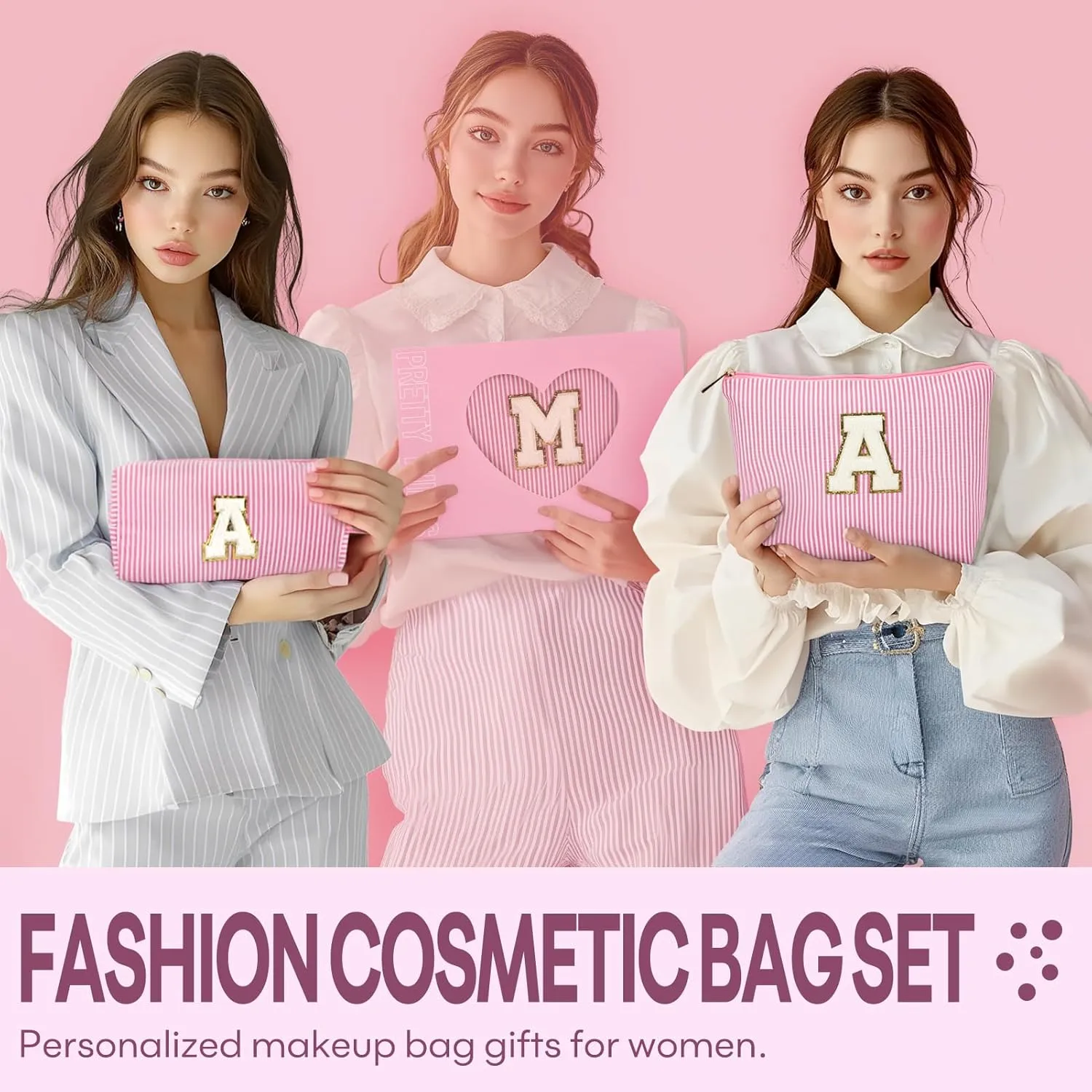 2 PCS Initial Makeup Bags for Women: Cosmetic Bag for Travel Toiletry - Birthday Gifts for 11 12 13 14 15 16 17 18 Years Old Girl Graduation Teacher Gift- Teen Girl Gifts Trendy Stuff - Pink L