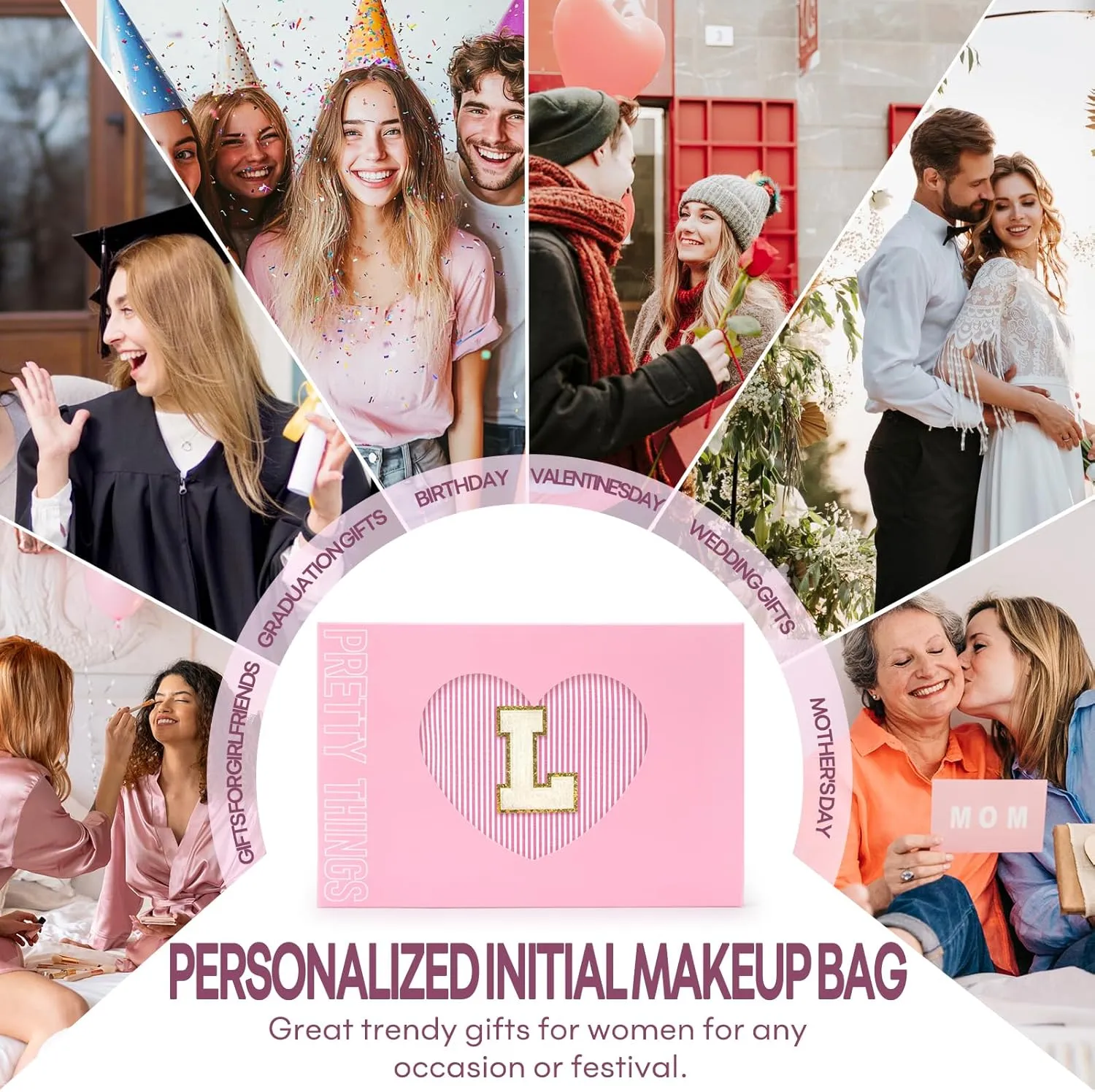 2 PCS Initial Makeup Bags for Women: Cosmetic Bag for Travel Toiletry - Birthday Gifts for 11 12 13 14 15 16 17 18 Years Old Girl Graduation Teacher Gift- Teen Girl Gifts Trendy Stuff - Pink L
