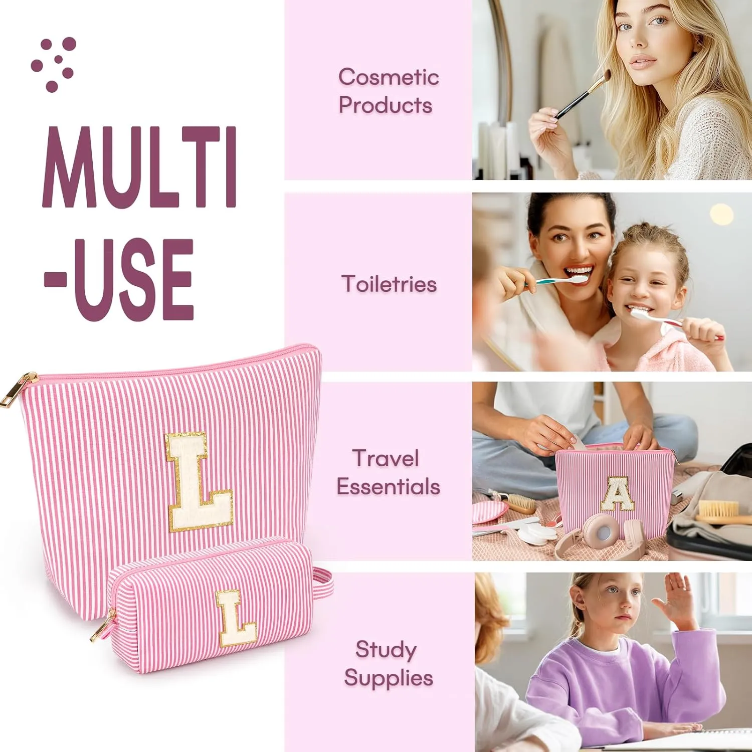 2 PCS Initial Makeup Bags for Women: Cosmetic Bag for Travel Toiletry - Birthday Gifts for 11 12 13 14 15 16 17 18 Years Old Girl Graduation Teacher Gift- Teen Girl Gifts Trendy Stuff - Pink L