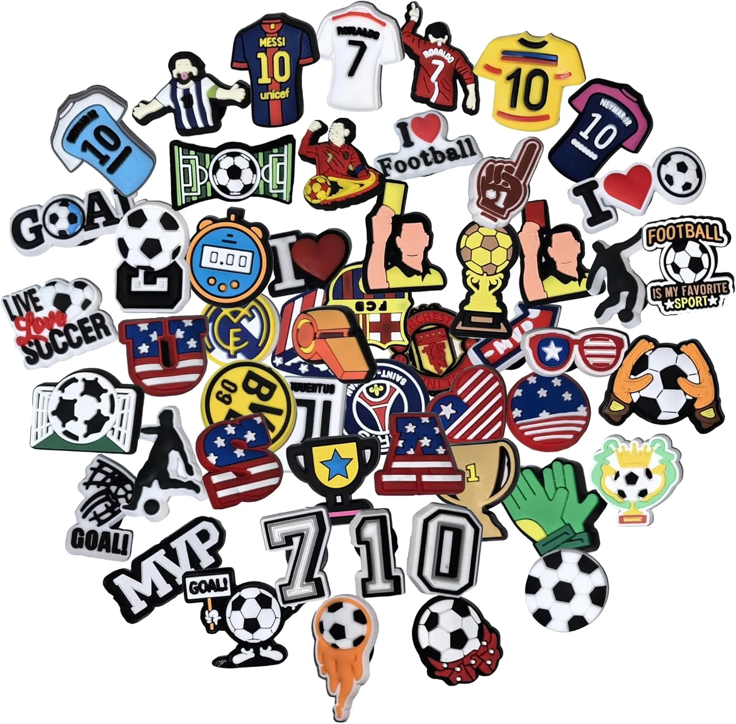 50 pcs Soccer Shoe Charms for Boys Men Teen, PVC Construction, Soccer Themed Designs for Soccer Lovers