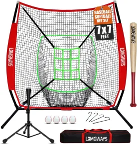 7'x7' Portable Baseball Net Set - Batting, Hitting & Pitching Practice Net with Tee, Bat, Balls, Strike Zone, Carrying Bag, for All Skills