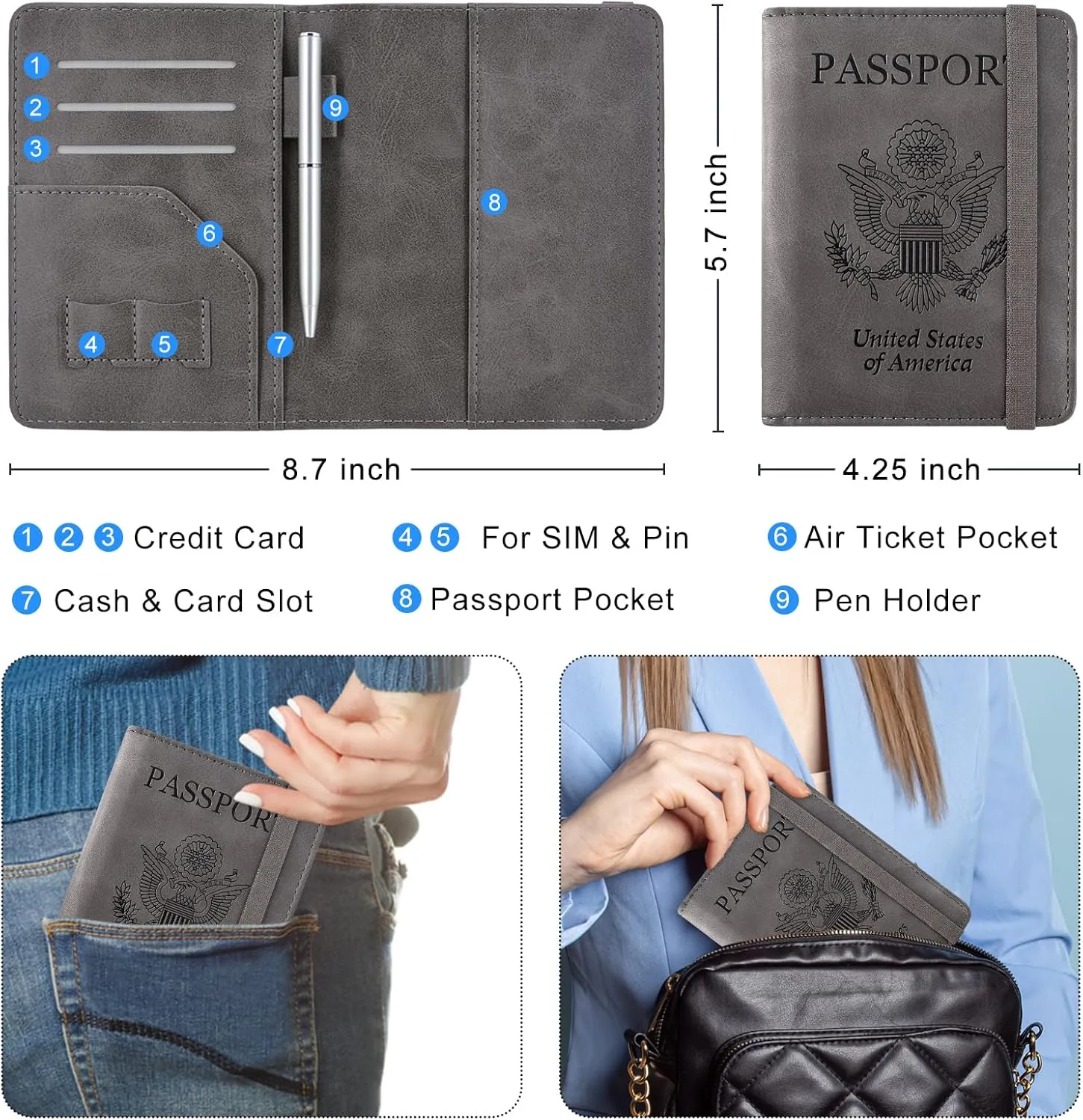 ACdream RFID Blocking Passport Holder Travel Wallet - Premium PU Leather Cover Passport Book with Card Holder, Pen Slot, Keep Organization, and Travel Essentials for Women and Men