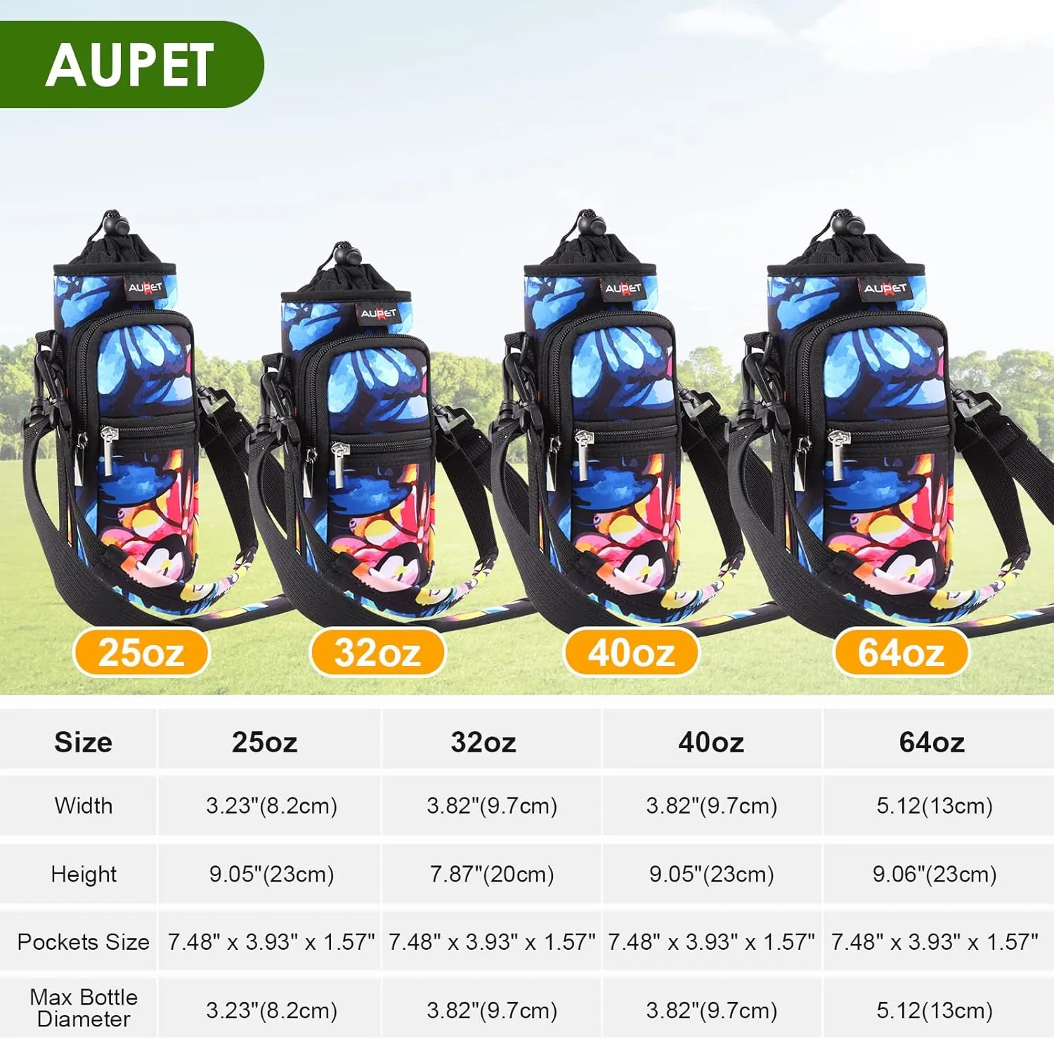 AUPET Water Bottle Sling Bag Sleeve Holder Carrier 25/32/40/64 oz,Insulated Crossbody Water Bottle Case Cover with Strap and Pockets for Men/Women Walking Hiking