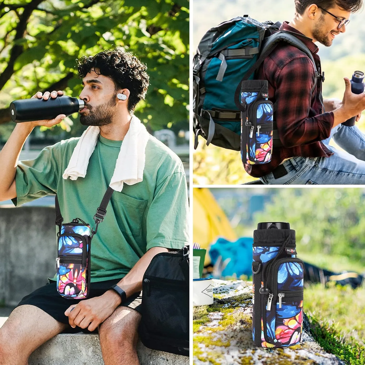 AUPET Water Bottle Sling Bag Sleeve Holder Carrier 25/32/40/64 oz,Insulated Crossbody Water Bottle Case Cover with Strap and Pockets for Men/Women Walking Hiking