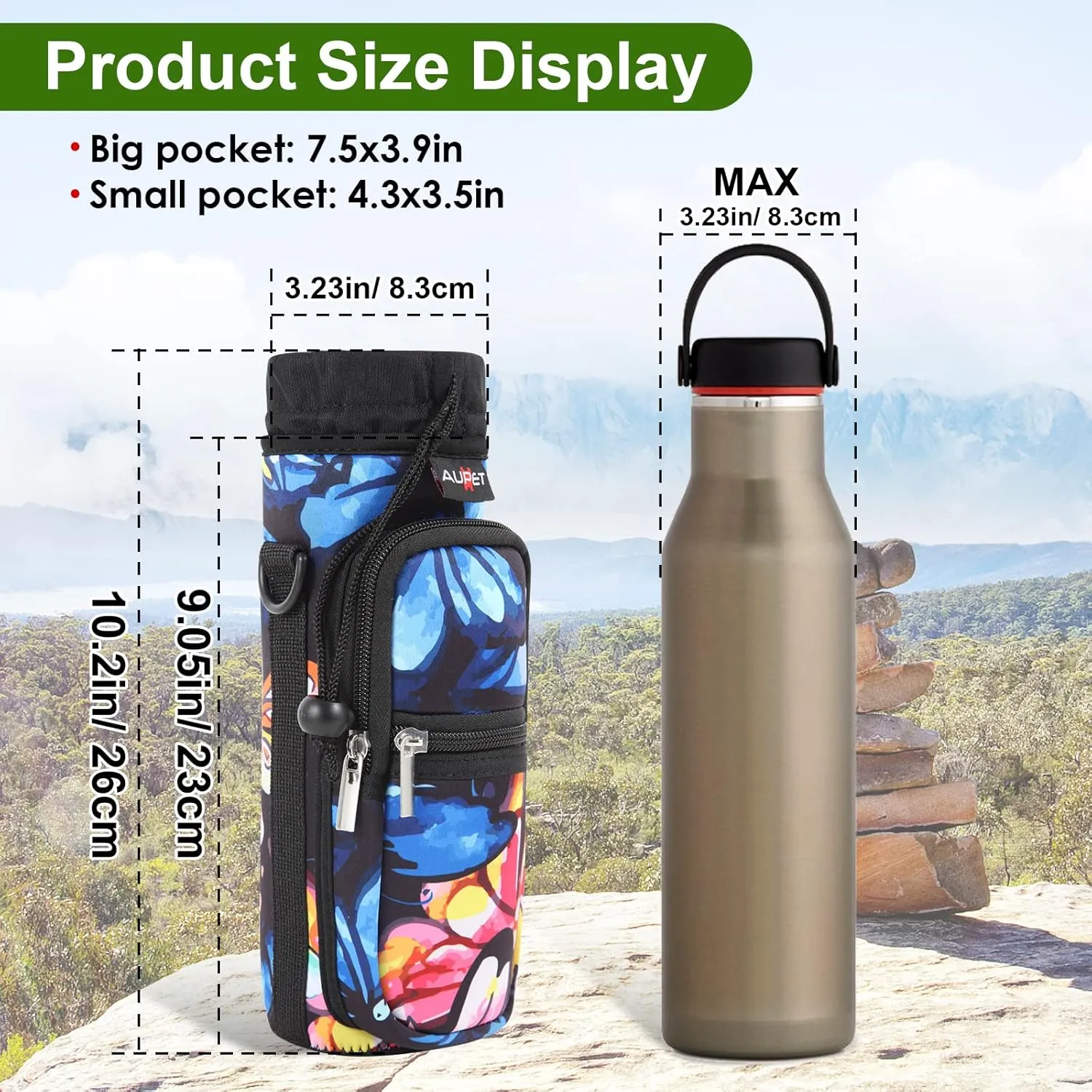 AUPET Water Bottle Sling Bag Sleeve Holder Carrier 25/32/40/64 oz,Insulated Crossbody Water Bottle Case Cover with Strap and Pockets for Men/Women Walking Hiking