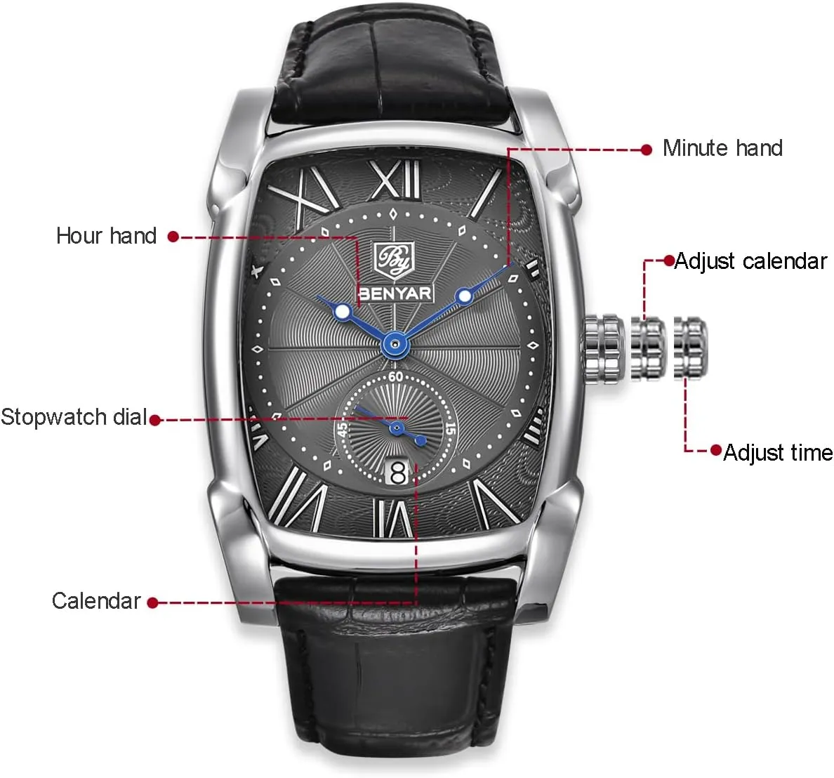 BENYAR Waterproof Classic Rectangle Case Vintage Design Watches Leather Strap Business Casual Wrist Watch for Men