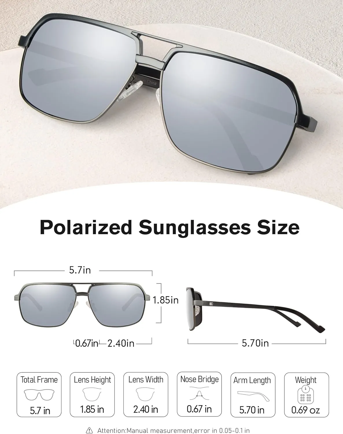 BIRCEN Polarized Sunglasses for Men - UV Protection Metal Square Trendy Shades with Classic Retro Style