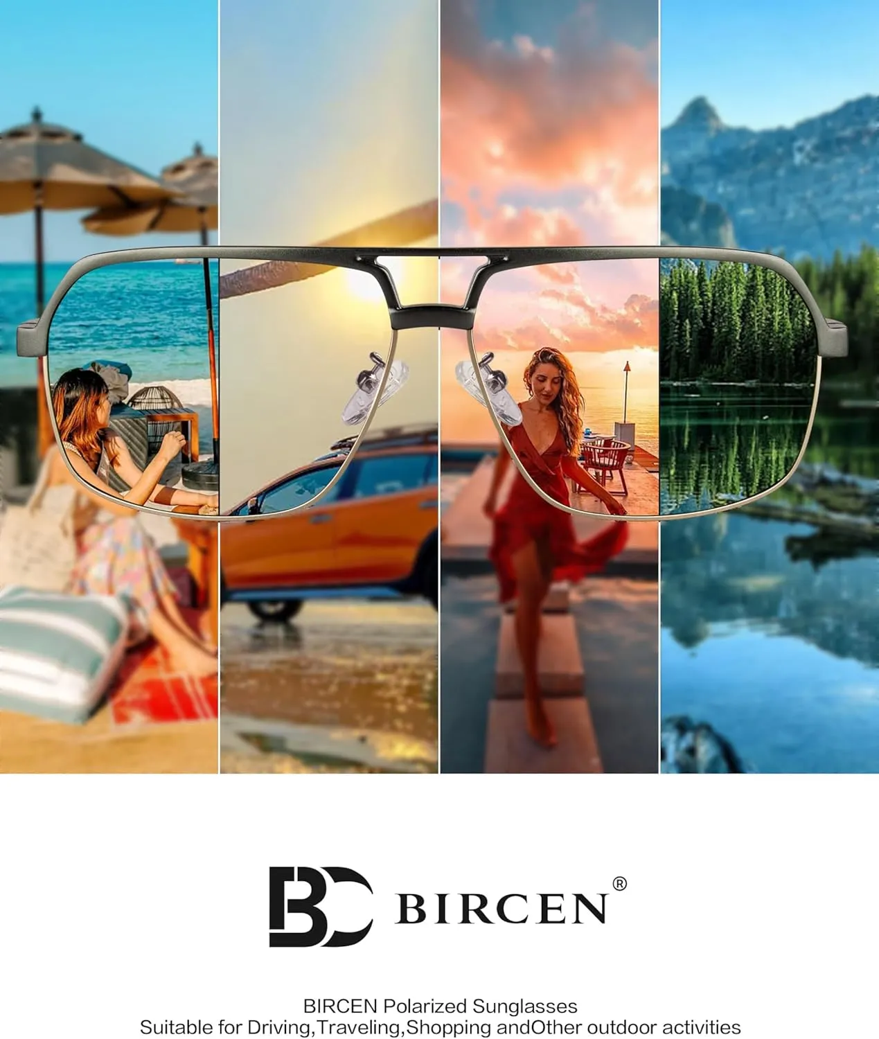 BIRCEN Polarized Sunglasses for Men - UV Protection Metal Square Trendy Shades with Classic Retro Style