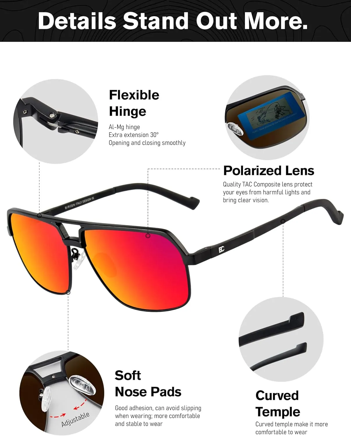 BIRCEN Polarized Sunglasses for Men - UV Protection Metal Square Trendy Shades with Classic Retro Style