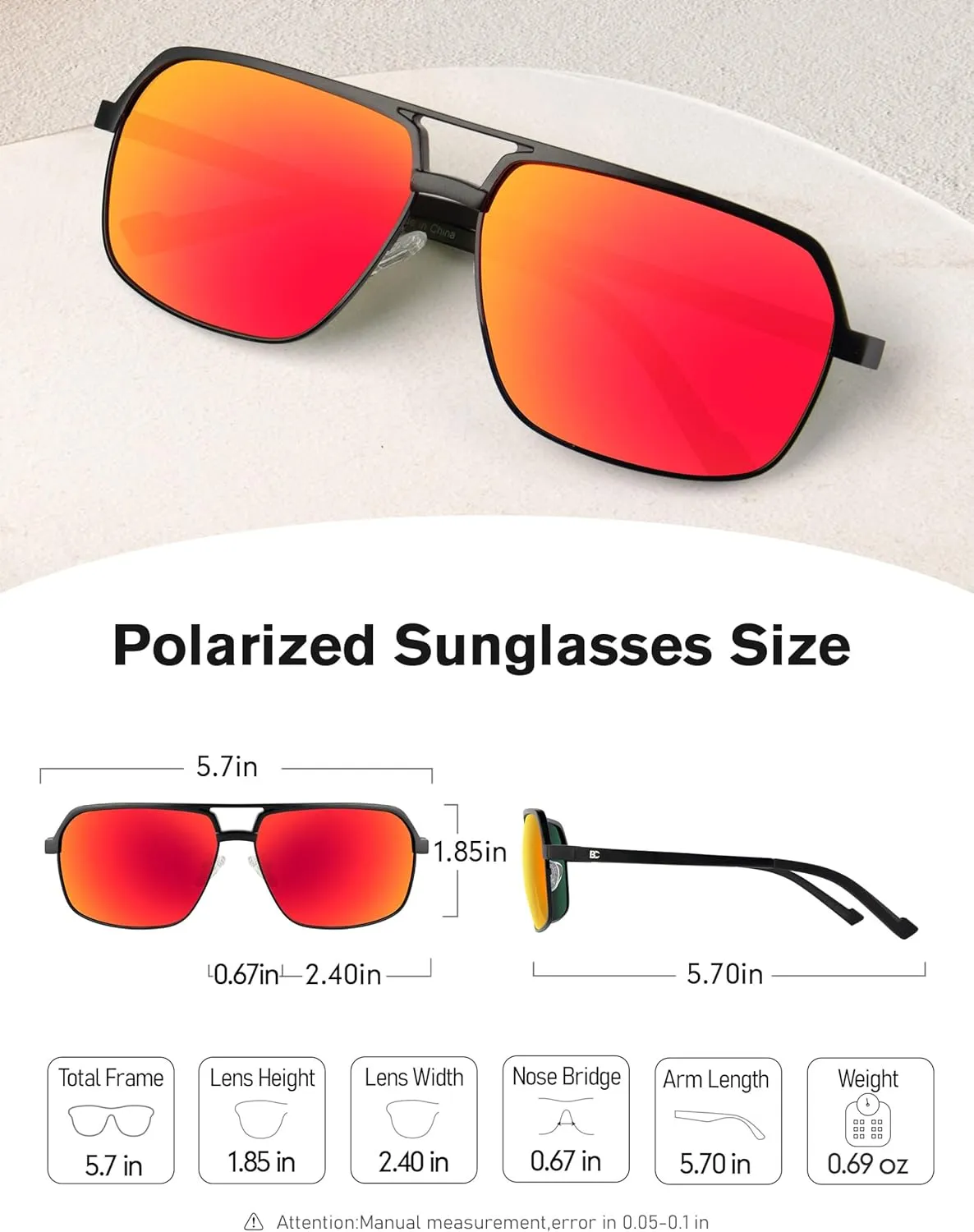 BIRCEN Polarized Sunglasses for Men - UV Protection Metal Square Trendy Shades with Classic Retro Style