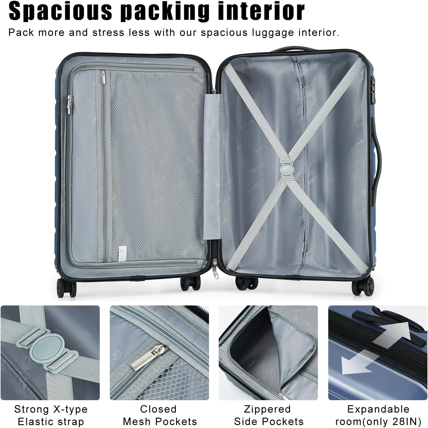 Coolife Luggage Suitcase Carry-on Spinner TSA Lock USB Port Expandable (only 28????) Lightweight Hardside Luggage (Silver, 3 piece set)