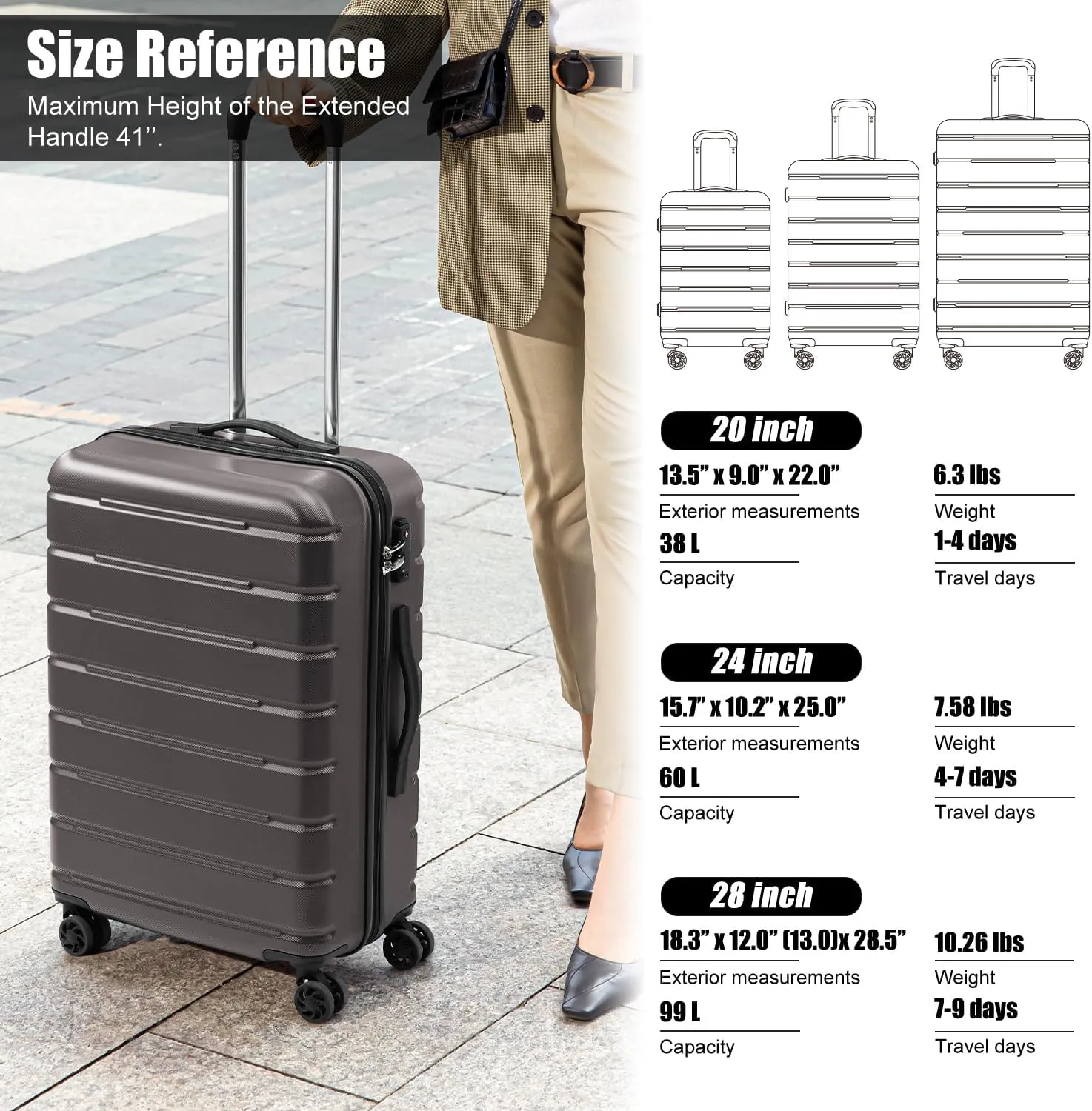 Coolife Luggage Suitcase Carry-on Spinner TSA Lock USB Port Expandable (only 28????) Lightweight Hardside Luggage (Silver, 3 piece set)