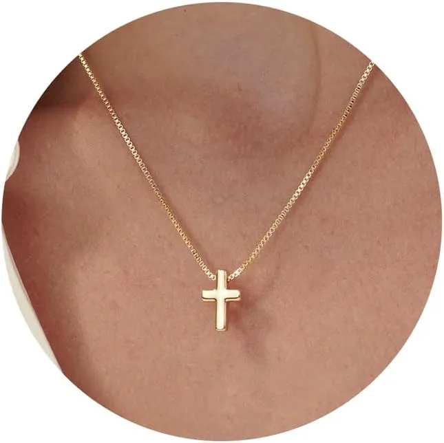 Cross Necklace, 14K Gold Plated Box Chain Cross Pendant Necklace Dainty Simple Silver Cross Tiny Necklace for Women