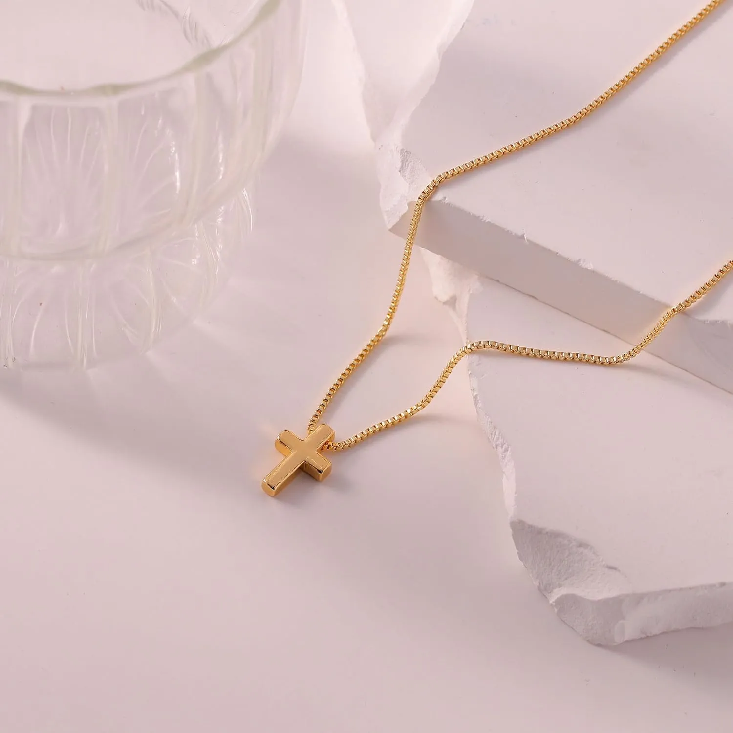 Cross Necklace, 14K Gold Plated Box Chain Cross Pendant Necklace Dainty Simple Silver Cross Tiny Necklace for Women