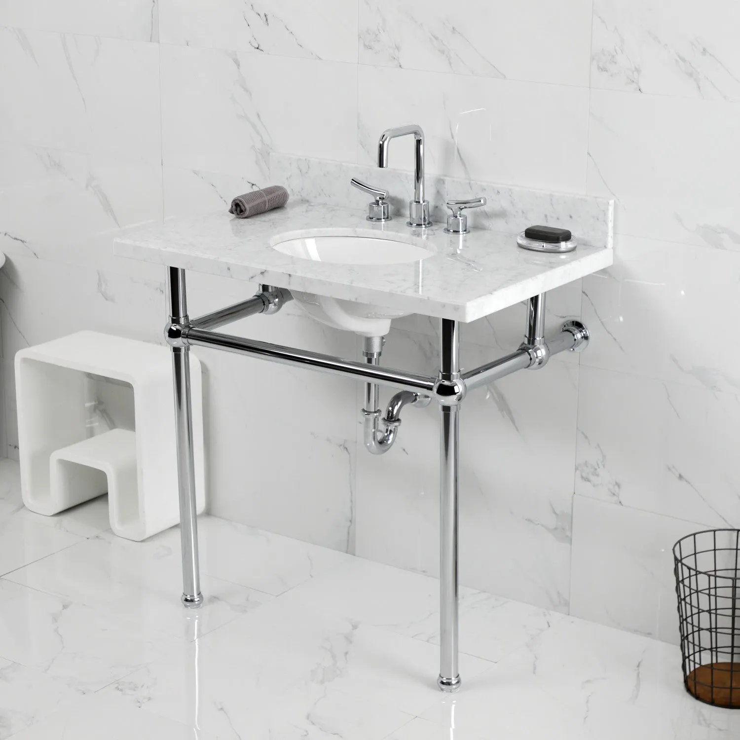 Fauceture KVBH3622M81 36-Inch Console Sink with Brass Legs (8-Inch, 3 Hole), Marble White/Polished Chrome