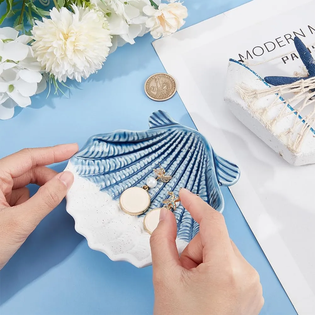 GORGECRAFT Ceramic Shell Tray Blue Jewelry Dish Ring Holder Organizer Ocean Sea Style Earrings Necklace Storage Decorative Small Key Bowl Plate for Watch Trinket Entryway Table Home Party Decor