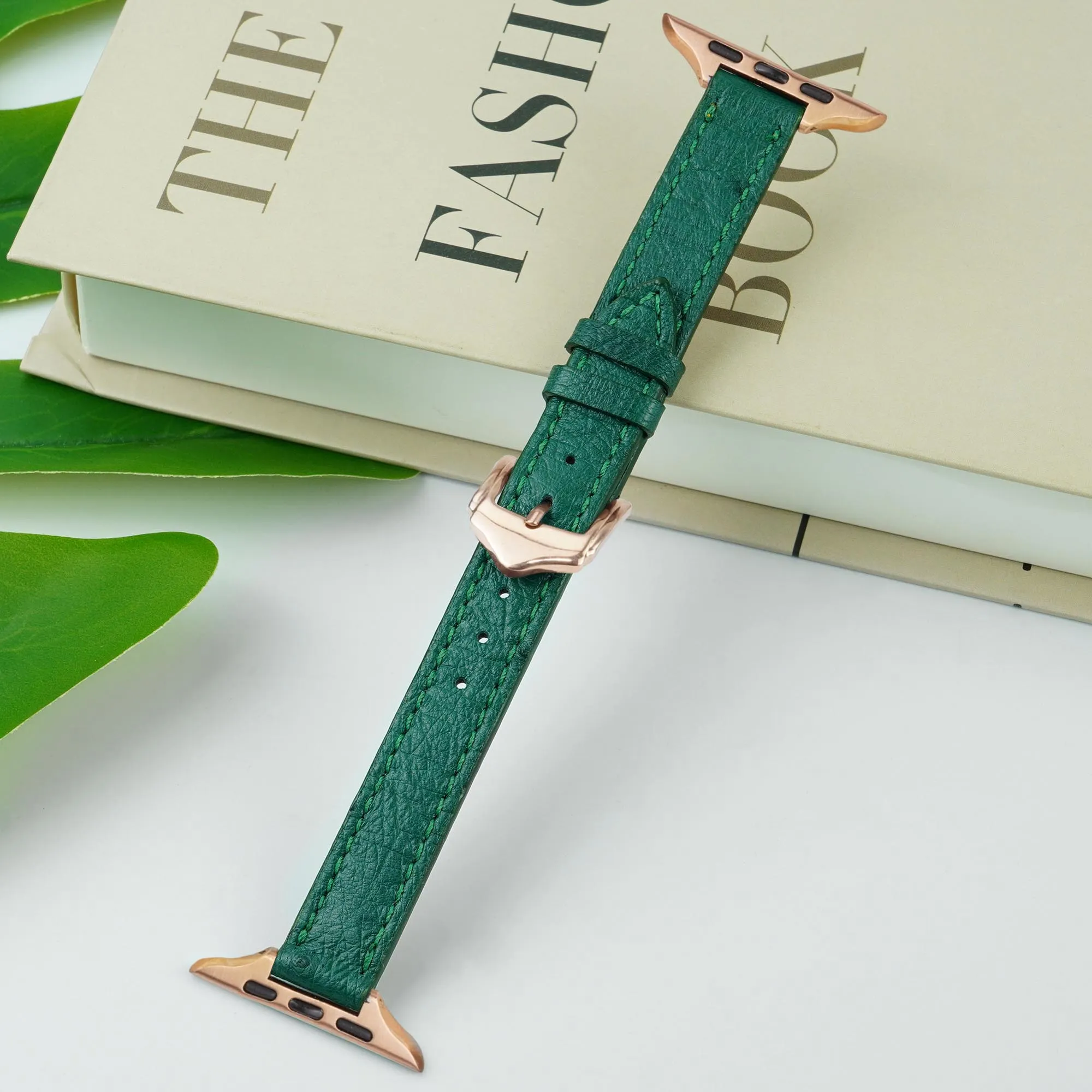Green Flat Ostrich Leather Band Compatible Apple Watch Iwatch 41mm Screen Protector Case Gold Adapter Replacement Strap For Smartwatch Series 7 8 Leather Handmade AW-188G-W-41MM