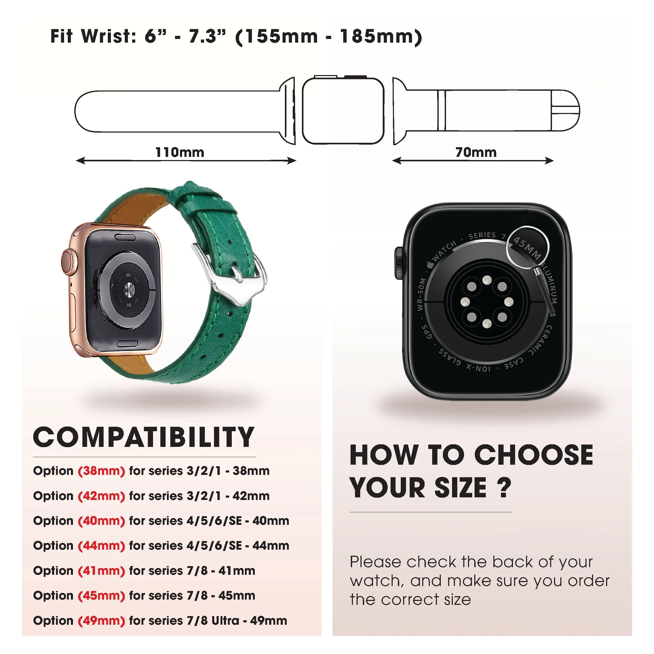 Green Flat Ostrich Leather Band Compatible Apple Watch Iwatch 41mm Screen Protector Case Gold Adapter Replacement Strap For Smartwatch Series 7 8 Leather Handmade AW-188G-W-41MM