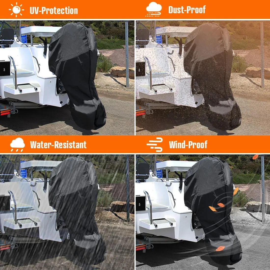 iCOVER Outboard Motor Covers, Trailerable Full Boat Engine Cover Waterproof Heavy Duty Oxford Fabric with Zipper, Fits15-20HP Motors
