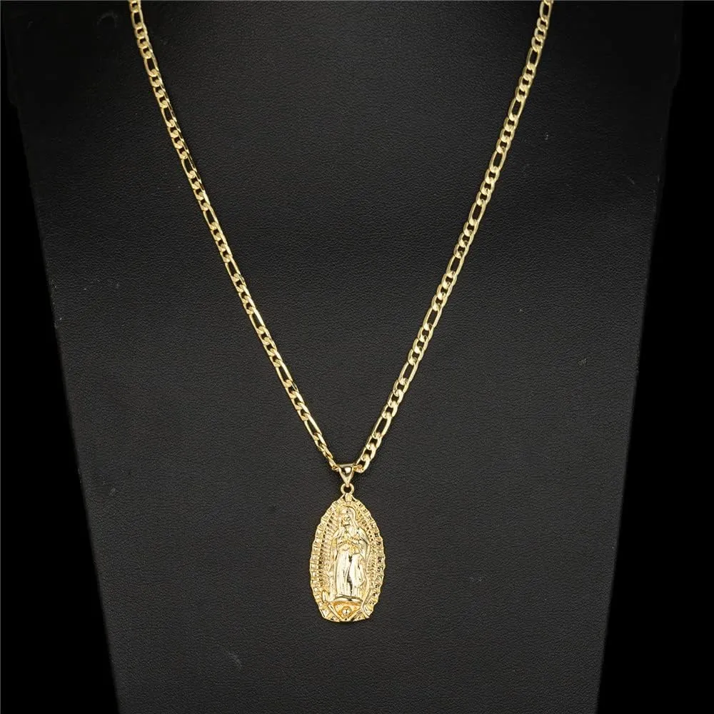 kelistom 14K Gold Plated Guadalupe Virgin Mary Oval Pendant Necklace for Women Men 3mm Flat Figaro Chain Necklace 18/22 inches