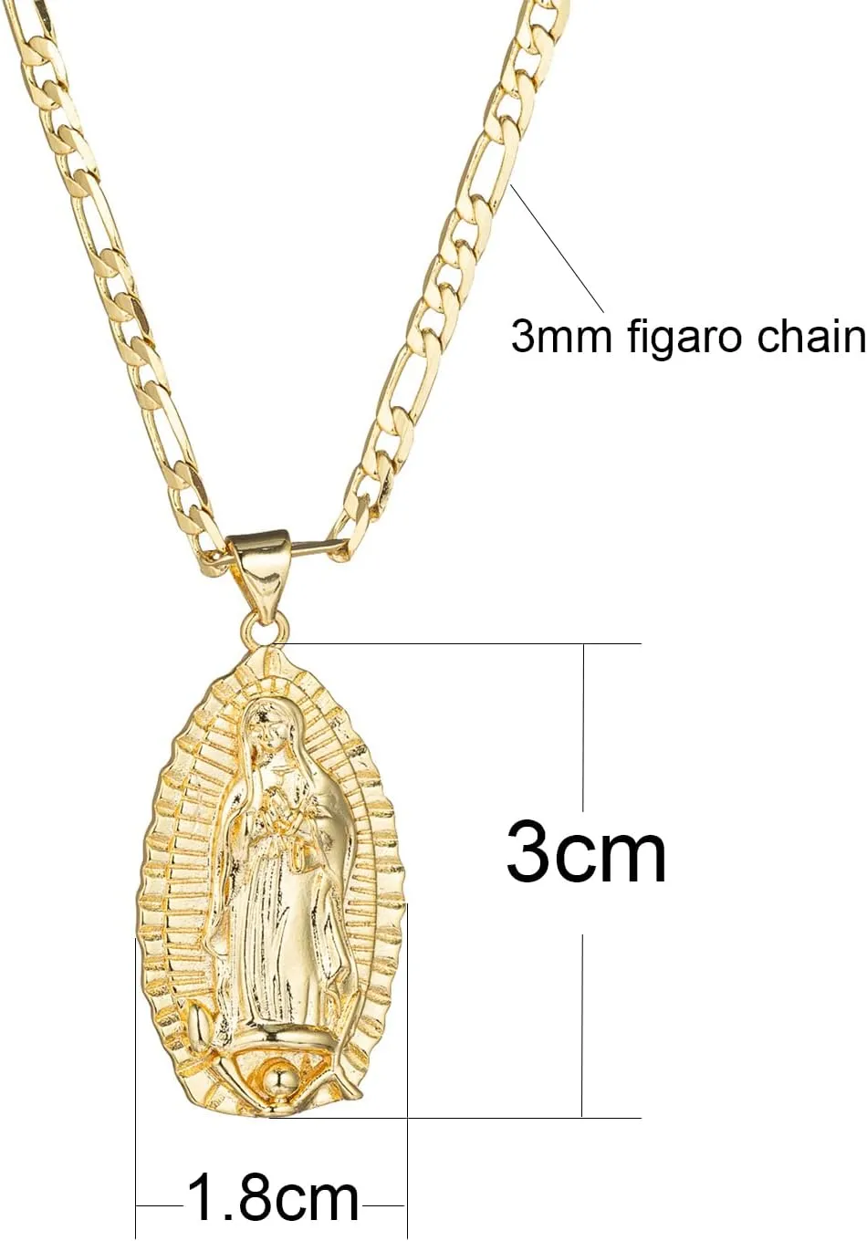 kelistom 14K Gold Plated Guadalupe Virgin Mary Oval Pendant Necklace for Women Men 3mm Flat Figaro Chain Necklace 18/22 inches