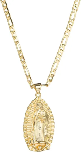 kelistom 14K Gold Plated Guadalupe Virgin Mary Oval Pendant Necklace for Women Men 3mm Flat Figaro Chain Necklace 18/22 inches