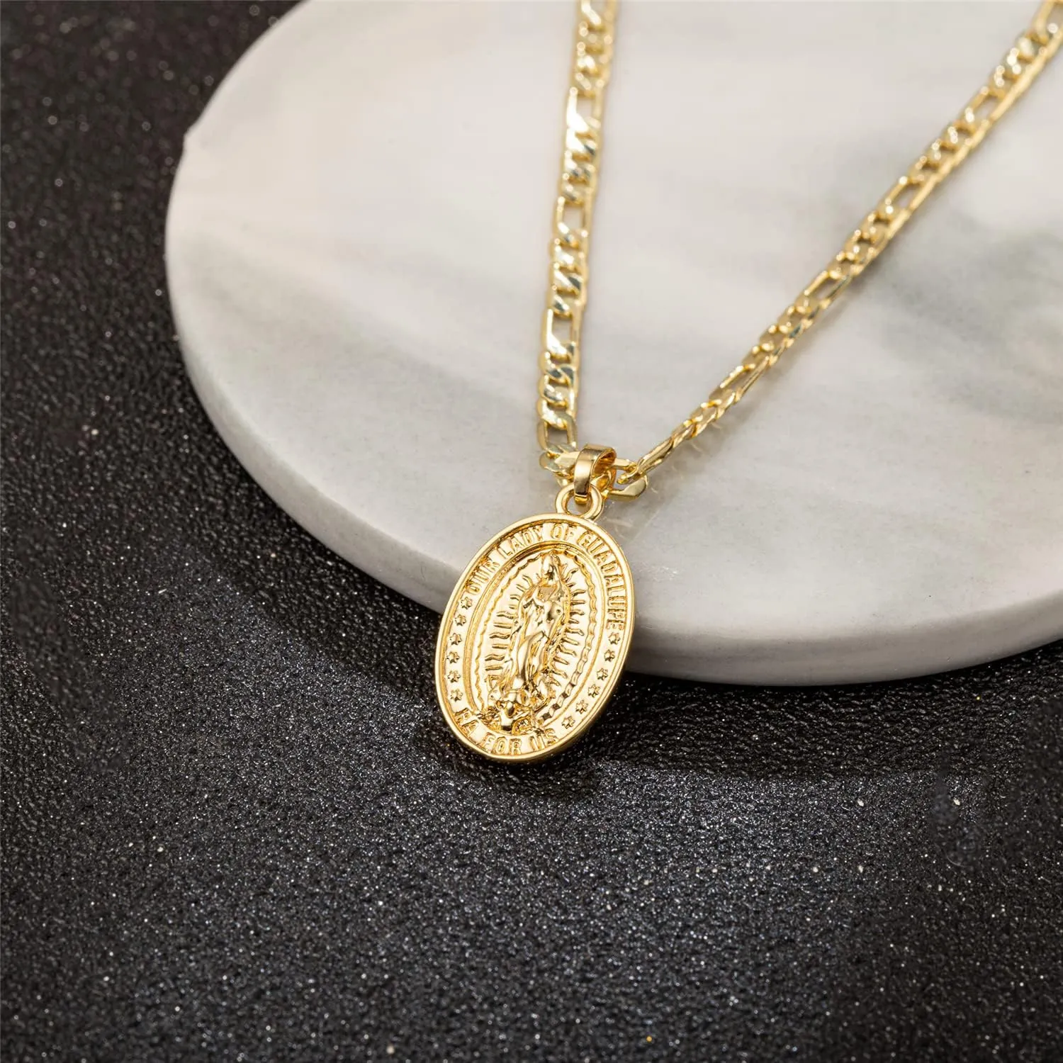 kelistom 14K Gold Plated Virgin Mary Guadalupe Pendant Necklace for Women Men 3mm Flat Figaro Chain Necklace 18/22 inches