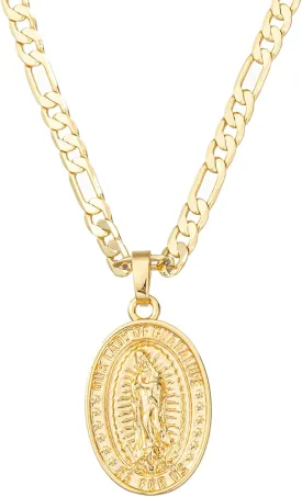 kelistom 14K Gold Plated Virgin Mary Guadalupe Pendant Necklace for Women Men 3mm Flat Figaro Chain Necklace 18/22 inches