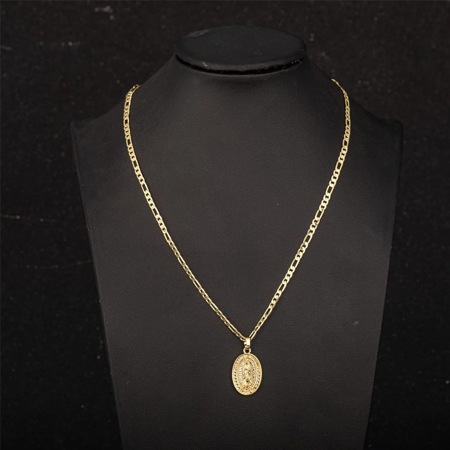 kelistom 14K Gold Plated Virgin Mary Guadalupe Pendant Necklace for Women Men 3mm Flat Figaro Chain Necklace 18/22 inches