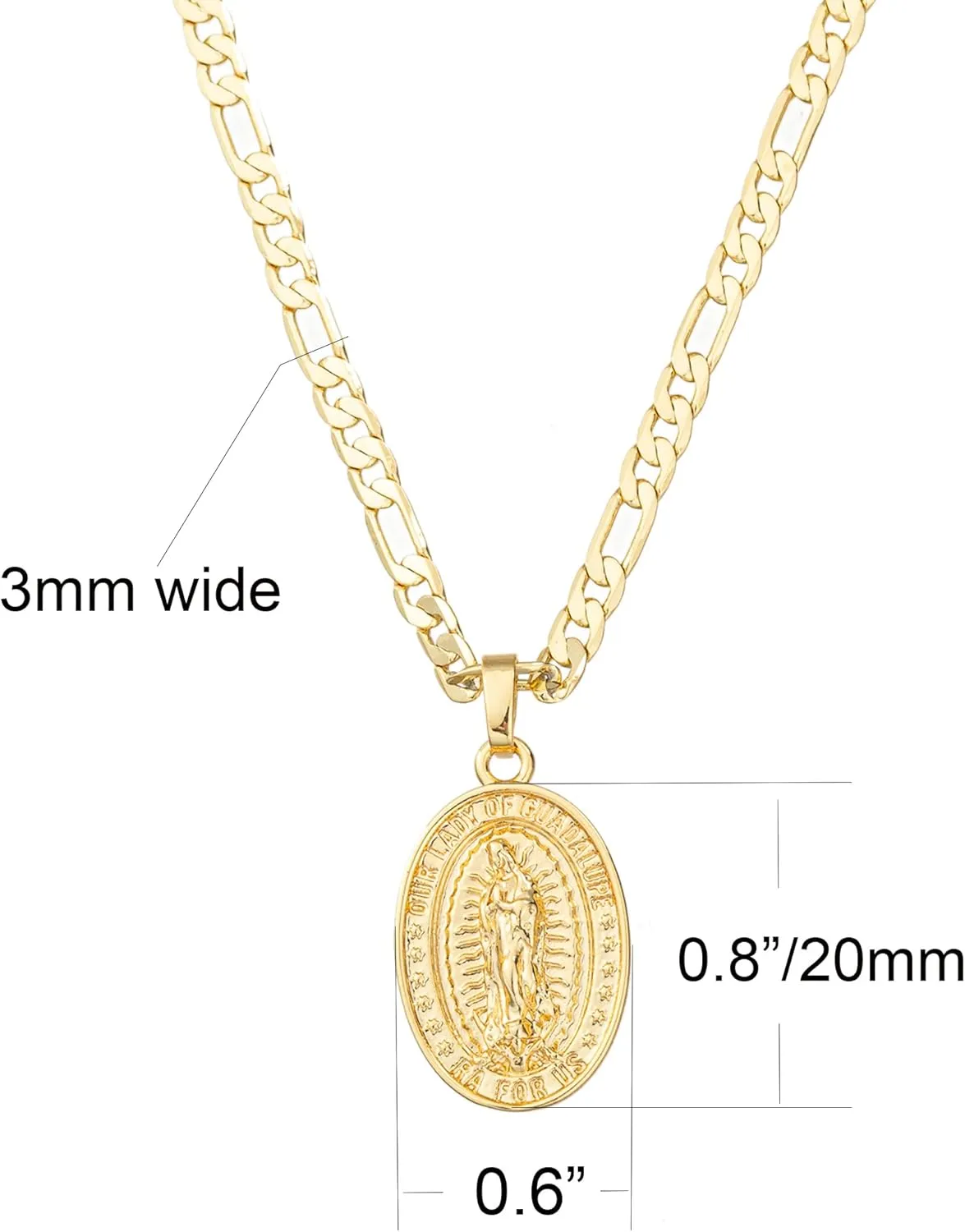 kelistom 14K Gold Plated Virgin Mary Guadalupe Pendant Necklace for Women Men 3mm Flat Figaro Chain Necklace 18/22 inches