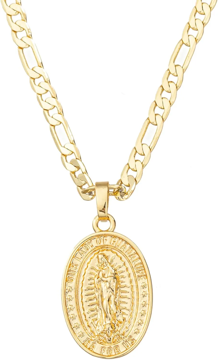 kelistom 14K Gold Plated Virgin Mary Guadalupe Pendant Necklace for Women Men 3mm Flat Figaro Chain Necklace 18/22 inches