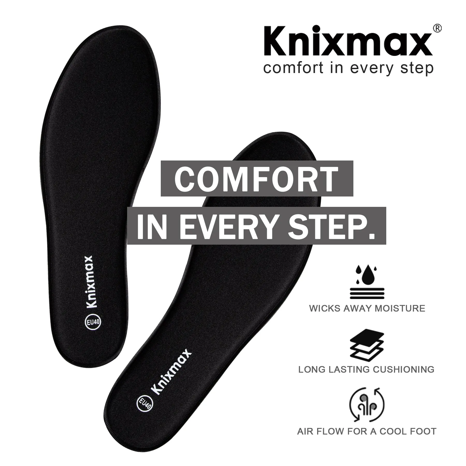 Knixmax Men & Women's Memory Foam Insoles, Black, for Athletic Shoes & Sneakers