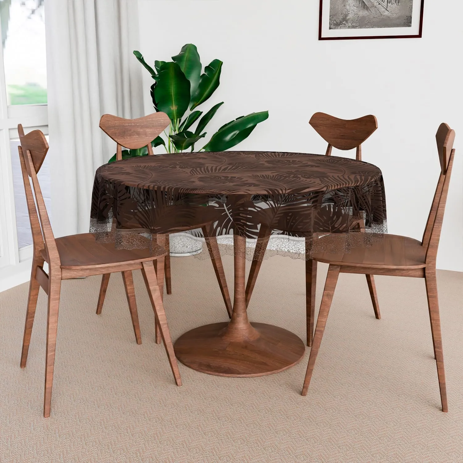 Kuber Industries Round Dining Table Cover 4 Seater Waterproof | Center Table Teepai Cover Cloth for Tea Coffee | Tabletop & Teapoy Mat for Living Room, Kitchen & Balcony | PVC | 60 Inch | Leafy Brown