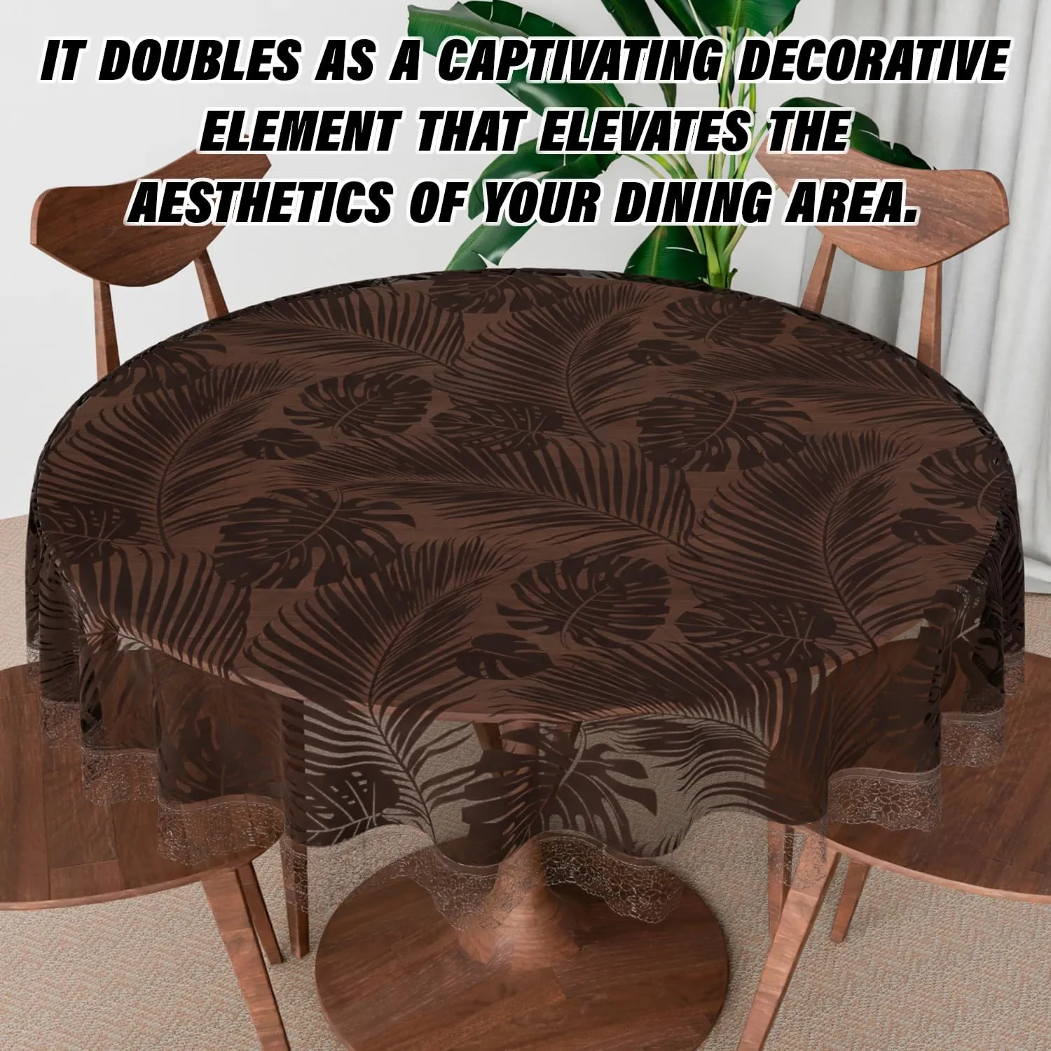 Kuber Industries Round Dining Table Cover 4 Seater Waterproof | Center Table Teepai Cover Cloth for Tea Coffee | Tabletop & Teapoy Mat for Living Room, Kitchen & Balcony | PVC | 60 Inch | Leafy Brown