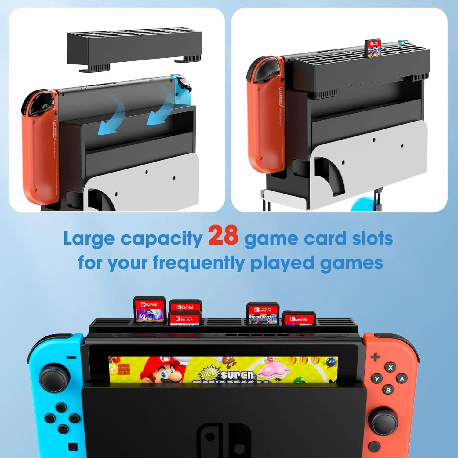 KUNSLCUK Wall Mount for Switch and Switch OLED, Metal Wall Mount Stand Accessories with 28 Game Cards Holder and 2 Joy-Con Hooks, Safely Mount your Switch on Wall Near TV (White)