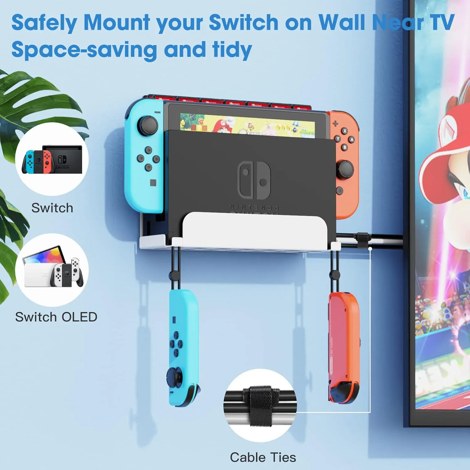 KUNSLCUK Wall Mount for Switch and Switch OLED, Metal Wall Mount Stand Accessories with 28 Game Cards Holder and 2 Joy-Con Hooks, Safely Mount your Switch on Wall Near TV (White)