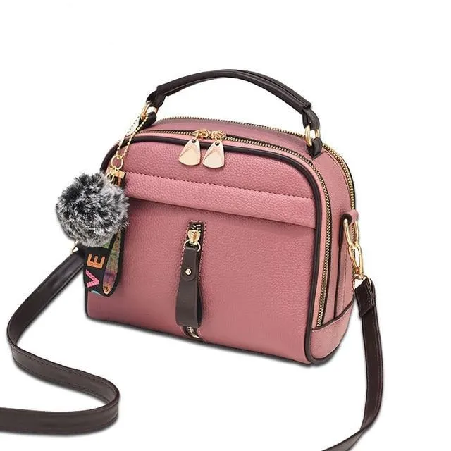 Leather Women Messenger Bag With Ball Toy Keychain