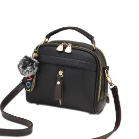 Leather Women Messenger Bag With Ball Toy Keychain