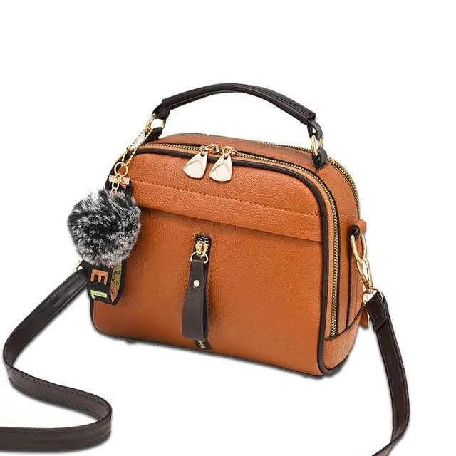 Leather Women Messenger Bag With Ball Toy Keychain