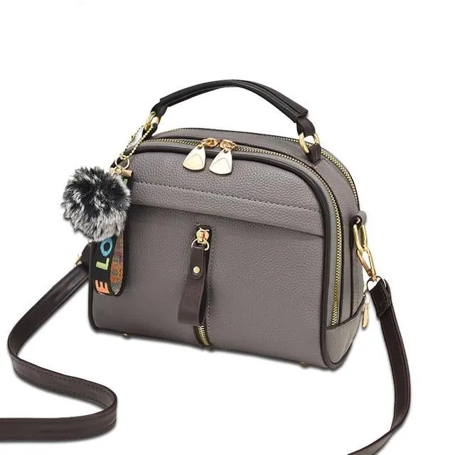 Leather Women Messenger Bag With Ball Toy Keychain