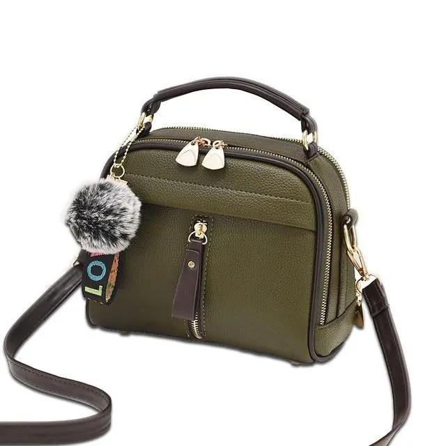 Leather Women Messenger Bag With Ball Toy Keychain