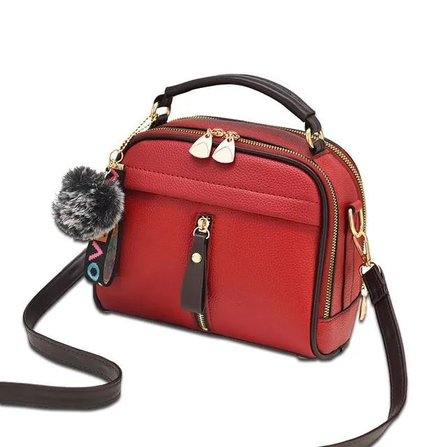 Leather Women Messenger Bag With Ball Toy Keychain