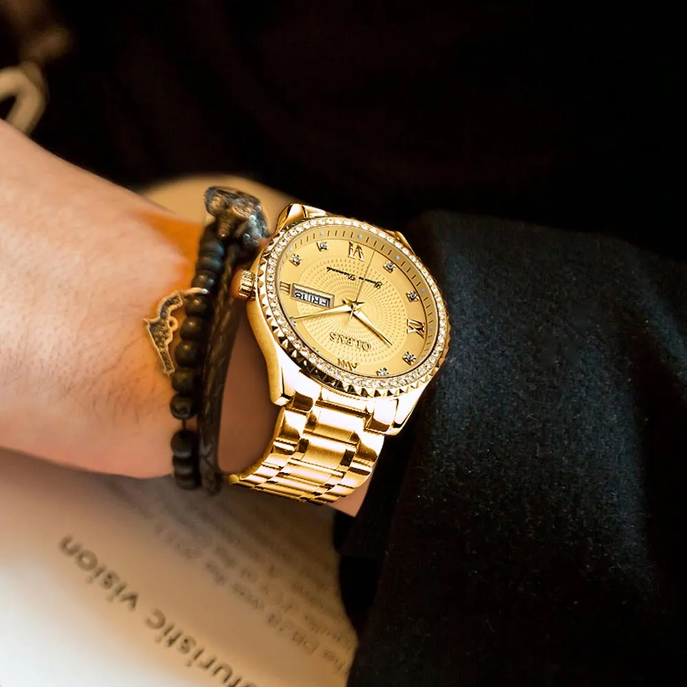 Luxurious Golden Wristwatch Premium Metal Band Watch [Premium Gift Box]