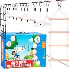 Ninja Warrior Obstacle Course for Kids, 2 x 50 ft Slackline, 10 Weatherproof Obstacles, Up to 880 lbs, Ages 5-12, Includes Ratchet-Tight Technology, Monkey Net, Climbing & Swinging Equipment