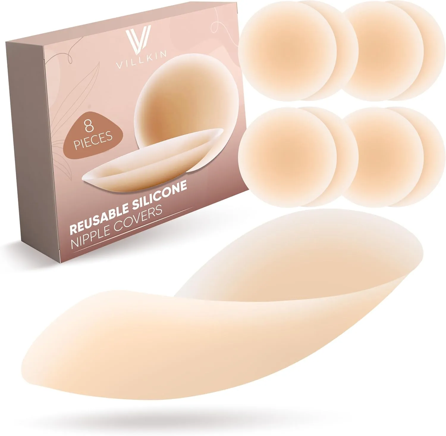 Nipple Cover - Pack of 8 - Self-Adhesive Pasties for Women - Reusable & Washable - Covers Made of Silicone, Light Skin Color