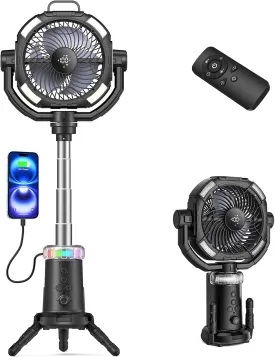 Portable Camping Fan, 20000mAh Rechargeable Fan with Lights, Battery Powered, with Remote &Hook, Height Adjustable, 360 Oscillation, for Outdoor, Tent, Travel, Fishing