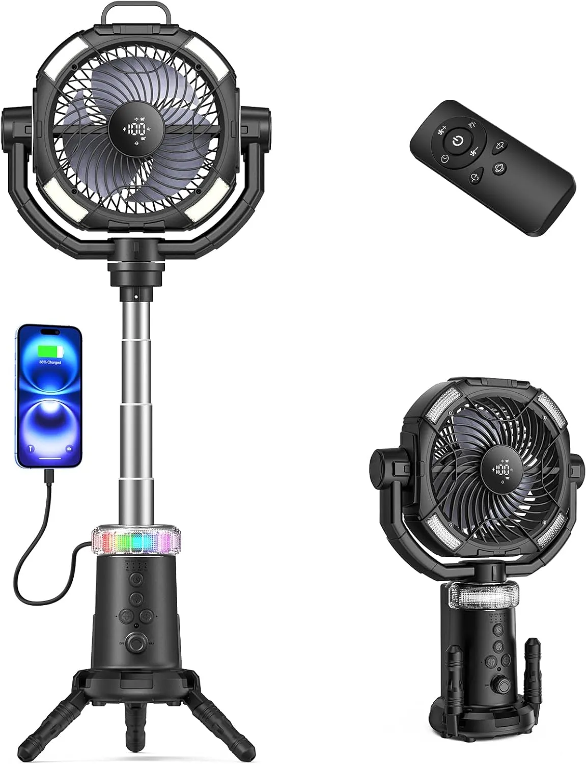 Portable Camping Fan, 20000mAh Rechargeable Fan with Lights, Battery Powered, with Remote &Hook, Height Adjustable, 360 Oscillation, for Outdoor, Tent, Travel, Fishing